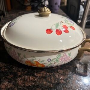 Enamel Cooking Dutch 10” Oven Pot Lid Fruit Design Brass Trim   F
